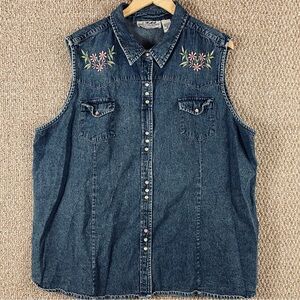 Back In The Saddle Floral Embroidered Denim Vest 3X Boho Western Pearl Snap E121